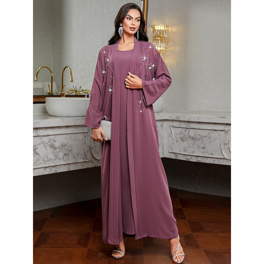 [Handmade Beaded Abaya Set] 3136 Handmade Beaded Abaya Set for Women - Lavender Long Tunic with Golden Accents, Includes Camisole and Outerwear, Perfect for Spring/Summer, Casual Elegant Wear, Elegant Attire | Beaded Embellishments | Nonstretch Fabric