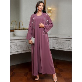 [Handmade Beaded Abaya Set] 3136 Handmade Beaded Abaya Set for Women - Lavender Long Tunic with Golden Accents, Includes Camisole and Outerwear, Perfect for Spring/Summer, Casual Elegant Wear, Elegant Attire | Beaded Embellishments | Nonstretch Fabric