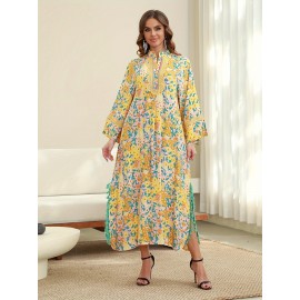 Elegant Floral Print Abaya with Golden Accents - Long Sleeve, Mid-Length, Loose Fit, Slit Hem, Embroidered Detail, Perfect for Saudi National Day, All-Season Wear, Cultural Attire|Floral Print Abaya|Embroidered Detailing, Abaya Dress