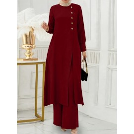 [Ramadan Top Set] Ramadan Solid Color Long Sleeve Top and Pants Set | Arabic Style, Polyester, with Faux Button Detail, for All Seasons, Women's