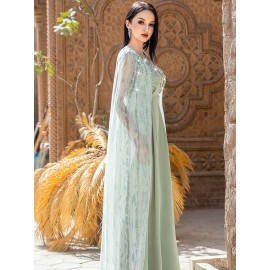 Women's Sleeveless Rhinestone-Embellished Mint Green Gown - Middle Eastern-Inspired Elegant Long Dress with Round Neck for Spring/Summer, Hand Wash Only