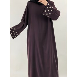 1pc Women's Islamic Abaya Dress - Elegant Hijab Outfit with Cuff Floral embroidery, Navy Blue Arabicrobe, Loose Fit Non-Stretch Muslim Dress for Daily Prayer, Office, Travel - No Scarf Needed, Modest Apparel, Quality Embroidery Detail