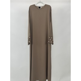 1pc Women's Islamic Abaya Dress - Elegant Hijab Outfit with Cuff Floral embroidery, Navy Blue Arabicrobe, Loose Fit Non-Stretch Muslim Dress for Daily Prayer, Office, Travel - No Scarf Needed, Modest Apparel, Quality Embroidery Detail