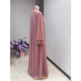 Middle Eastern Muslim Fashion Long Sleeve Embroidered Contrast Lace Patchwork Abaya Dress and Hijab Three-Piece Set