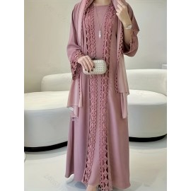 Middle Eastern Muslim Fashion Long Sleeve Embroidered Contrast Lace Patchwork Abaya Dress and Hijab Three-Piece Set