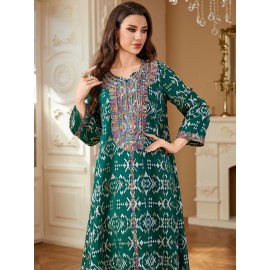 Elegant Floral Sequin Embroidered Long Sleeve Dress - Traditional Middle Eastern Style, Polyester Lined, All-Season Wear