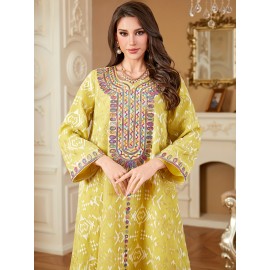 Elegant Floral Sequin Embroidered Long Sleeve Dress - Traditional Middle Eastern Style, Polyester Lined, All-Season Wear