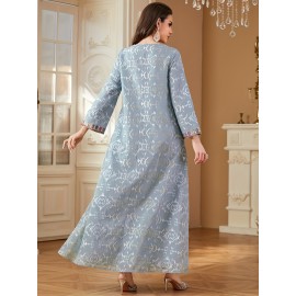 Elegant Floral Sequin Embroidered Long Sleeve Dress - Traditional Middle Eastern Style, Polyester Lined, All-Season Wear