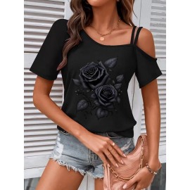 Women's Sexy Off-Shoulder Graphic Print T-Shirt - Black Rose & Butterfly Design, Thin Strap Short Sleeve Summer Top, Machine Washable Casual Chic Blouse for Women, Nontransparent Fabric