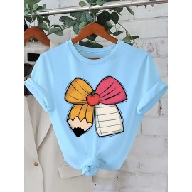 Women's Teacher-Themed T-Shirt - Apple & Pencil Bow Tie Design with Icons (Desk, Books), Short Sleeve Casual Round Neck Top for Educators, Staff & Book Lovers - Machine Washable Teacher Apparel Gift