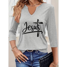 [Jesus Print Casual Top] Comfortable Polyester Women's Casual V-Neck 3/4 Sleeve Top with 