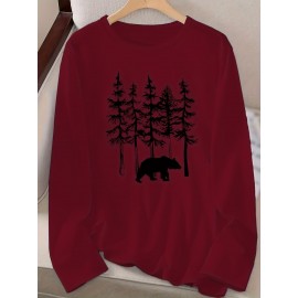 Women's Casual Long Sleeve Crew Neck T-Shirt - Forest Graphic Print with Pine Trees & Bear Silhouette, Medium Stretch Machine-Washable Top for Spring/Fall, Regular Fit Nature-Inspired Casual Attire, Allseason Apparel, Mediumelastic Fabric