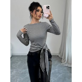 [Casual Striped T-Shirt] Polyester Women's Casual Striped T-Shirt with Tie-Front Detail | Black & White Vertical Stripes, Long Sleeve, Round Neck, Perfect for Spring/Fall, Everyday Fashion, Casual Wear