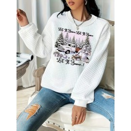 Christmas Trucks Letter Print Sweatshirt for Women - Casual Waffle Knit Long Sleeve Pullover - Soft, Breathable, Comfortable Fall/Winter Design - Merry Christmas Casual Wear