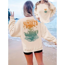 [Palm Tree Print Sweatshirt] Crew Neck Palm Tree Print Sweatshirt - Casual Fall & Spring Women's Clothing