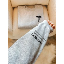 PSALMS 91 Letter Print Long Sleeve Sweatshirt - Women's Fashion Casual Sweatshirt with Knit Fabric and Round Neckline