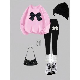 Women'S 2pcs Set, Women'S Casual Bow Print Design Crew Neck Sweatshirt and Leggings, Fall/ Winter