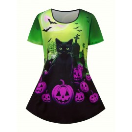 Halloween Black Cat Pumpkin Bat Print Short Sleeve T-Shirt and Long Pants Set, Elegant Style, Perfect for Halloween Celebrations, Halloween Attire|Playful Print|Polyester Fabric