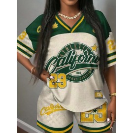 [2pcs Shorts Set] 2pcs Green and Beige Short Sleeve Shorts Set, California Letter Print Shorts Two-Piece Set, Women's Casual Outfit Choice, Mesh Fabric Lightweight and Breathable, Large Pattern + Color Block Design, Suitable for Summer Trendy Cool Look