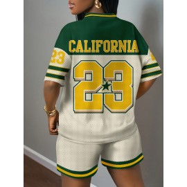 [2pcs Shorts Set] 2pcs Green and Beige Short Sleeve Shorts Set, California Letter Print Shorts Two-Piece Set, Women's Casual Outfit Choice, Mesh Fabric Lightweight and Breathable, Large Pattern + Color Block Design, Suitable for Summer Trendy Cool Look