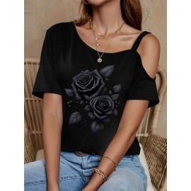 Women's Sexy Off-Shoulder Graphic Print T-Shirt - Black Rose & Butterfly Design, Thin Strap Short Sleeve Summer Top, Machine Washable Casual Chic Blouse for Women, Nontransparent Fabric