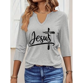 [Jesus Print Casual Top] Comfortable Polyester Women's Casual V-Neck 3/4 Sleeve Top with 