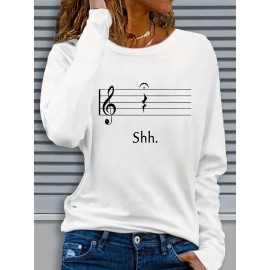 Women's Black Music Note Graphic Print Long Sleeve T-Shirt - Soft Stretch Polyester Crew Neck Casual Top with 