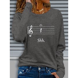Women's Black Music Note Graphic Print Long Sleeve T-Shirt - Soft Stretch Polyester Crew Neck Casual Top with 