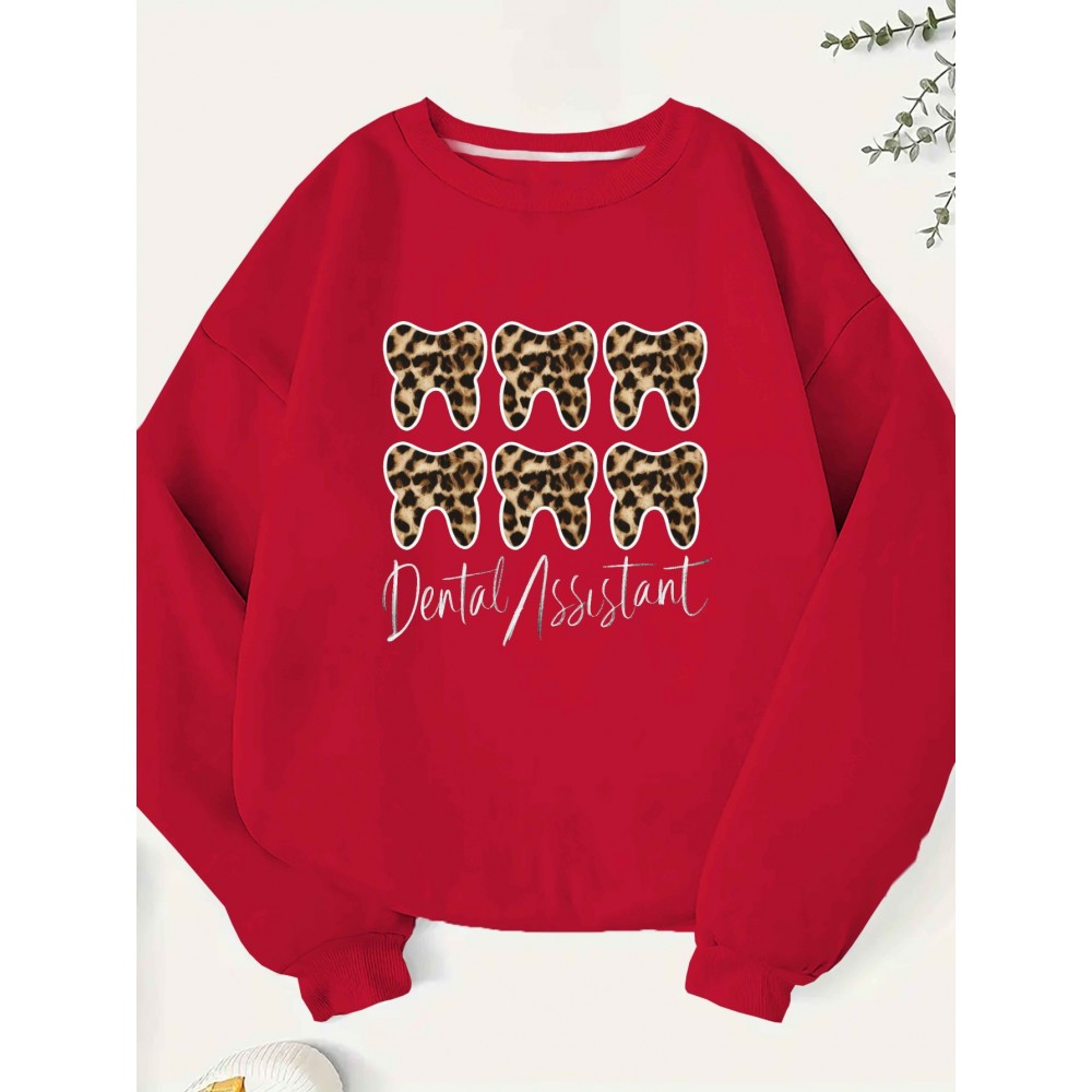 Women's Dental Assistant Graphic Print Crew Neck Sweatshirt - Teeth Leopard Pattern Casual Pullover, Relaxed Fit Fall & Spring Top, Machine Washable, Dental Assistant Gifts, No Stretch Fabric