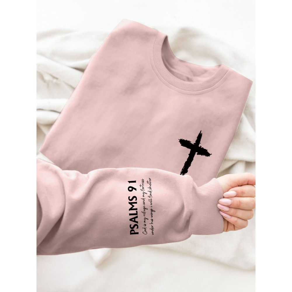 PSALMS 91 Letter Print Long Sleeve Sweatshirt - Women's Fashion Casual Sweatshirt with Knit Fabric and Round Neckline