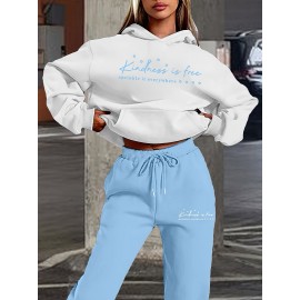 Women's Fashion Casual Letter Print Set - Premium Autumn/Winter Trendy Youthful Fleece Hoodie and Jogger Pants Two-Piece Outfit, Versatile Hooded Suit for Women, Ideal Gift Choice