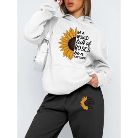 Autumn Winter New Arrival, Sunflower Creative Letter Print Hoodie Sweatshirt and Pants Two-Piece Set, Casual Style, with Pocket, for Women, Fall/Winter Collection, Graphic Design, Long Sleeve, Comfortable Fit, Perfect for Outdoor